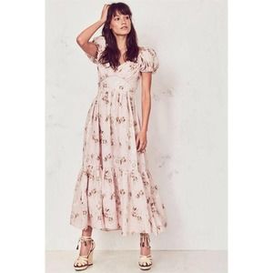 LoveShackFancy Angie Maxi Dress Pink Canopy Floral Linen Tiered Puff Sleeve.